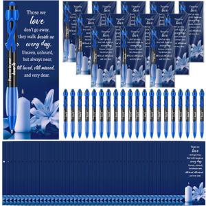 60 Set Dark Blue Memorial Funeral Favor for Guest Thank You Set - 60 Funeral Ballpoints and Prayer Cards, 100 Bags & Twist Ties, Sympathy Gift for a Memorial Service Ribbon Awareness