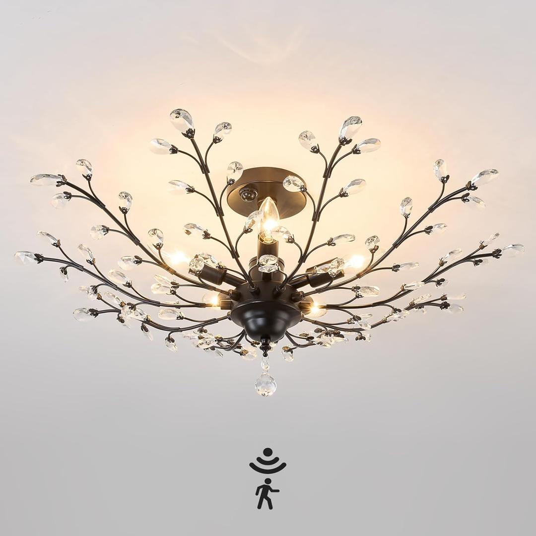 CVKASH Motion Sensor Crystal Chandelier Modern Black Semi Flush Mount Ceiling Light Fixture Vintage Small Chandelier Lighting for Kitchen Bedroom Living Room Dining Room Hallway Foyer