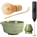 Matcha Set, Includes Matcha Bowl, Bamboo Tea Whisk, Whisk Stand, Bamboo Tea Spoon, Matcha Tea Set with Electric Milk Frother, Macha Tea Set, 4 Pieces for Japanese Tea Ceremony