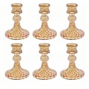 Glass Candlestick Holder,Striped Taper Candle Holders,Set of 6 Candle Stand for Table Centerpieces, Home Decor,Weddings,Festival and Parties (Amber Dimond Pattern)