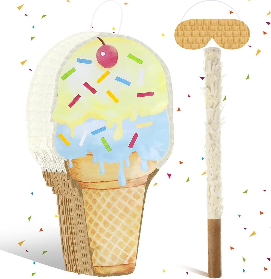 Ice Cream Piata Ice Cream Cone Shaped Piata with Stick Blindfold for Kids Birthday Summer Candy Theme Girls Baby Shower Beach Wedding Party Supplies Decorations, 15.8 x 9.5 Inch(Khaki)
