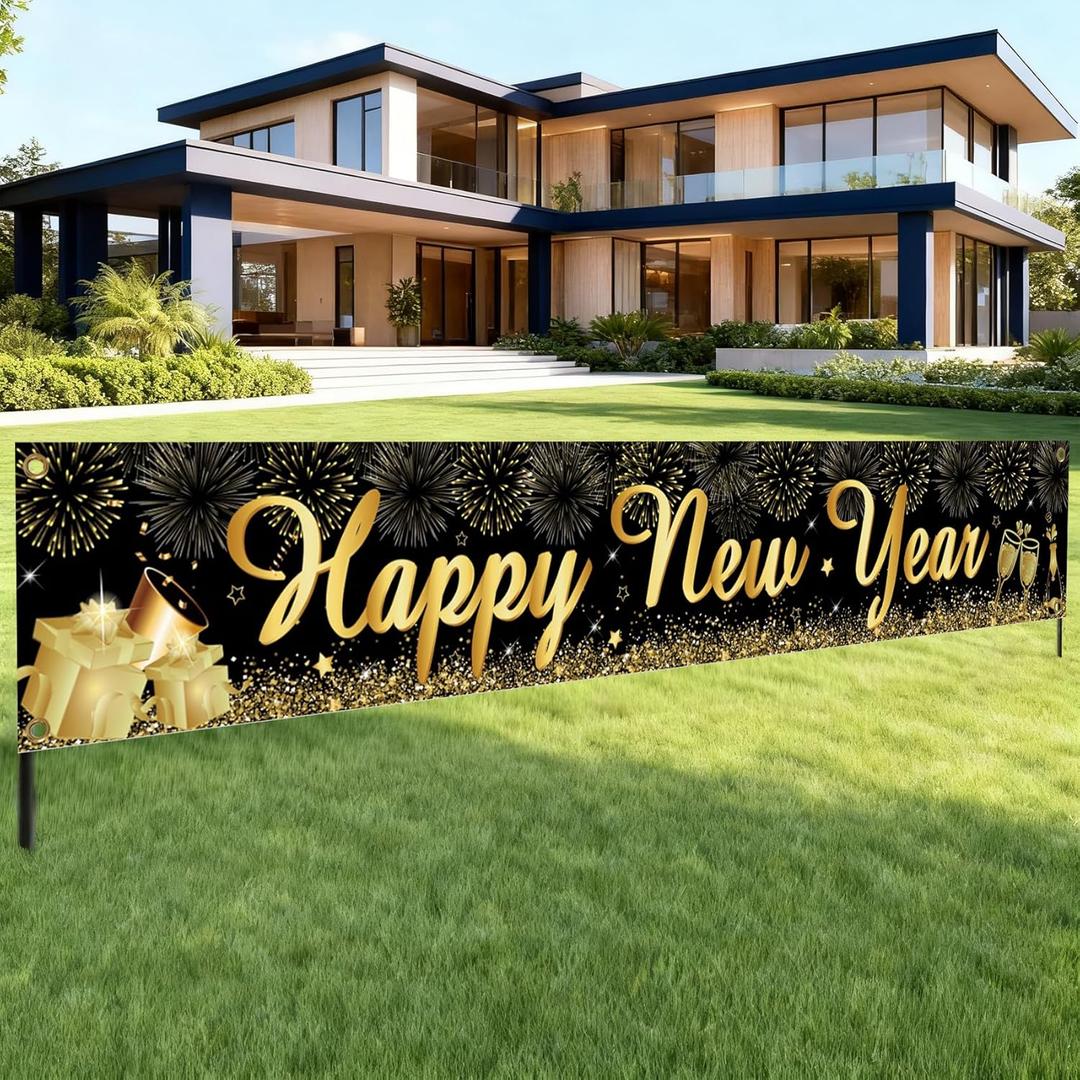 Happy New Year Yard Sign Banner(20x120 Inch) Black Gold New Years Inflatables Eve Party Supplies Favors Decorations 2026 Outdoor Front Door Garden Streamers Banner Flag Xmas Christmas NYE Decor