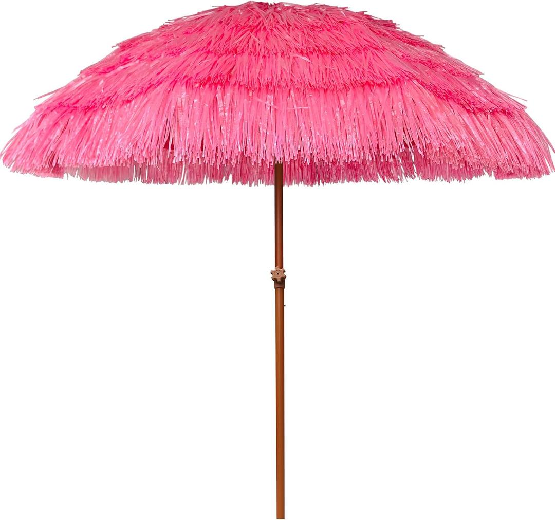 AMMSUN 7.5ft Hula Thatched Tiki Patio Beach Umbrella Hawaiian Style 10 Ribs UPF 50+ with Tilt Carry Bag for Outdoor Tiki Bar, Tropical Palapa, Patio Garden Beach Pool Backyard Pink