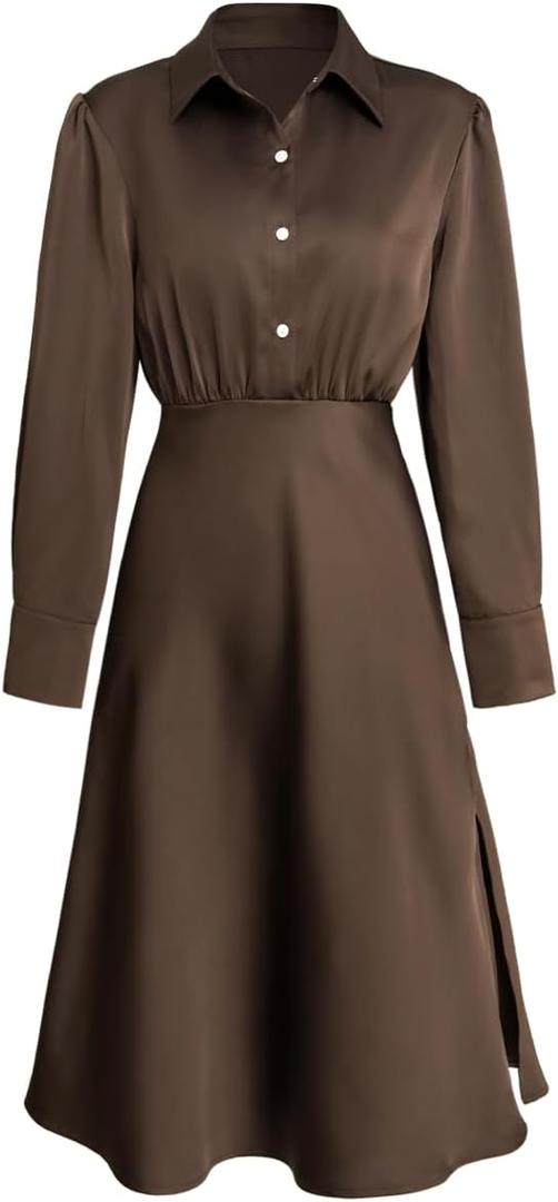 RIHOAS Women's Midi Dress Long Sleeve Shirt Dress for Spring Fall A-Line Office Work Dresses (Brown, M)