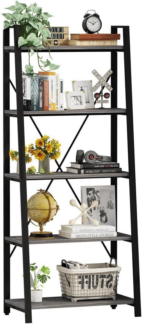 BON AUGURE 5-Tier Ladder Shelf, Industrial Leaning Bookcase, Wood and Metal Ladder Bookshelf for Living Room, Bedroom, Kitchen, Home Office (Grey Oak)