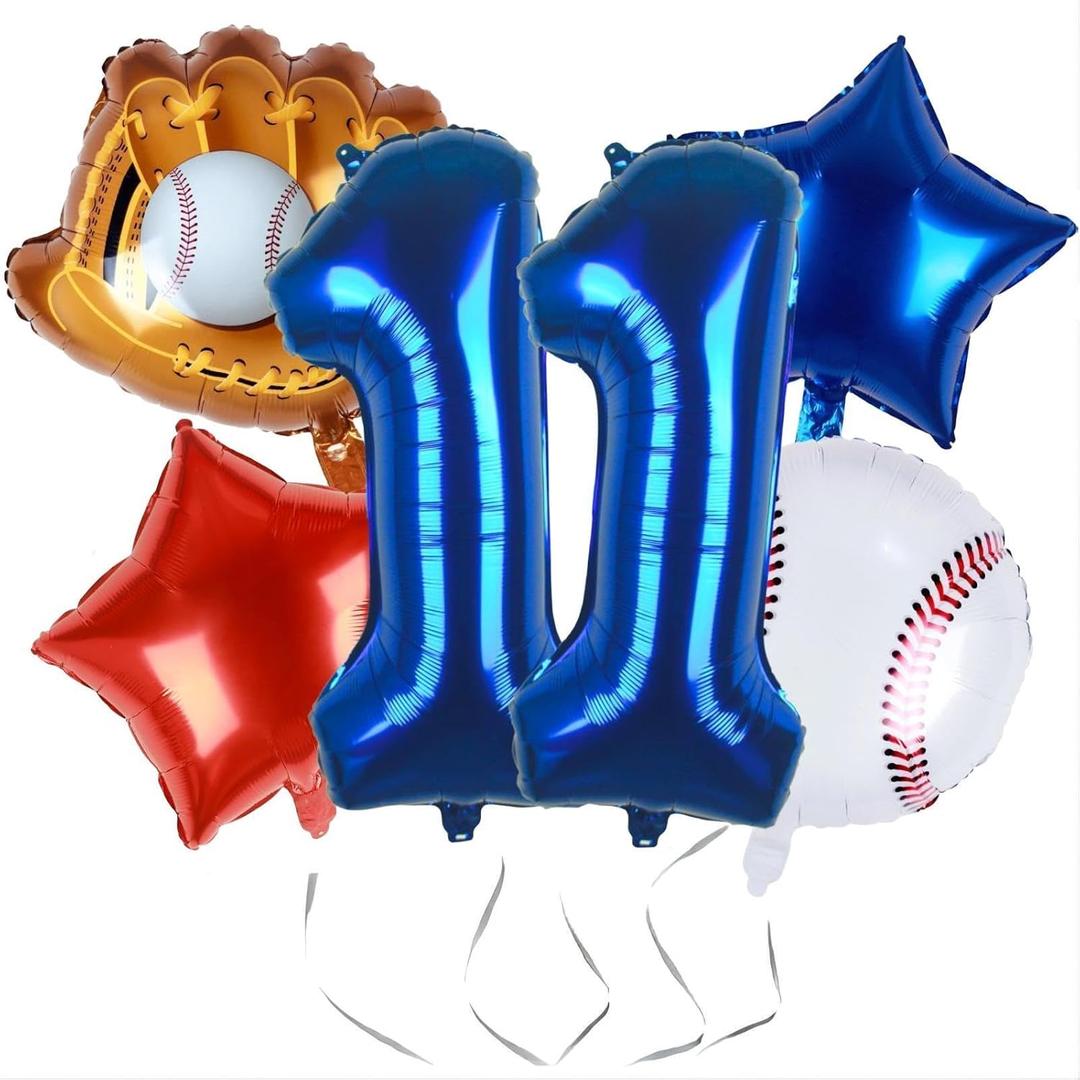 Baseball Balloons 11th Birthday Decorations,32 Inch Blue Foil Num 11 Balloon, Baseball Bat Glove Balloon, Red Blue Star Confetti Balloon for Boys 11th Birthday Party Supplies