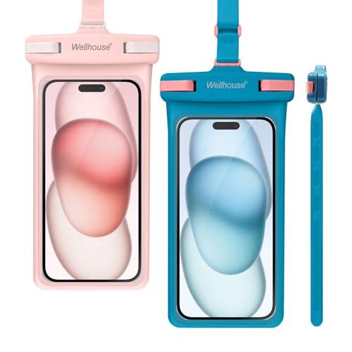 wellhouse Waterproof Phone Pouch, Waterproof Phone Case for iPhone 16 15 14 13 12 Pro Max XS Samsung, IPX8 3D Cellphone Dry Bag Beach Essentials (2 Pack - Blue & Pink7.0, 7 inch)