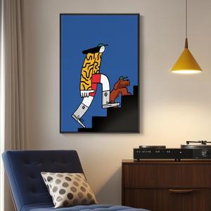 Framed Blue Funny Abstract Wall Art for Hallway, Large Fun Canvas Art for Wall, Woman Brown Dog Painting Prints for Dining Room Entryway Living Room Office Wall Decor, 24x36 Inch