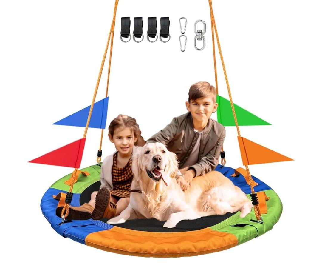 48 Inch Tree Swing for Kids Outdoor Spider Web Tree Swing,1000Lb Weight Capacity，900D Oxford Waterproof with Handles, with 71" Detachable Nylon Rope Swivel for Backyard, Playground (48Inch-3Colors)