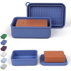AIDIMMING Extra Large Silicone Travel Soap Case, Leak Proof Bar Soap Holder & Container for Extended Trips, Camping & Gym,Truck Drivers, Fits 10oz Duke Cannon, Shampoo & Conditioner Bars (Deep Blue) 6.3"L x 4.33"W