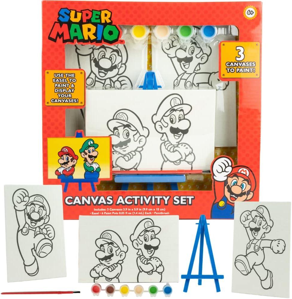 Super Mario Canvas Painting Kit for Kids, 3 Preprinted Mini Canvases for Painting, Easel, 6 Paint Pots and Brush, Acrylic Paint Set for Children