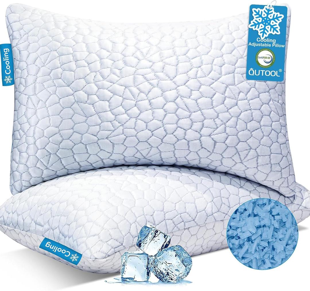 QUTOOL Cooling Pillow for Sleeping 2 Pack, Luxury Shredded Memory Foam Bed Standard Pillows Set of 2, Cool Pillow for Hot Sleepers Adjustable Firm Pillow for Side, Back, Stomach Sleepers Soft Yet Support