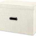 Large Linen Fabric Foldable Storage Bins with Removable Lid and Handles, Washable Storage Box Organizer Containers Baskets Cube with Cover for Bedroom,Office(Cream, Small)