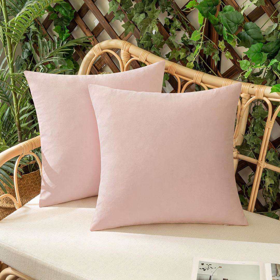 Woaboy Set of 2 Light Pink Outdoor Waterproof Throw Pillow Covers Decorative Farmhouse Linen Pillowcases Solid Cushion Cases for Spring Patio Bedroom Livingroom Sofa Chairs 18x18 Inch