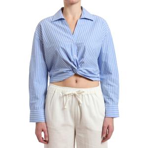 SUNNOW Women's Striped Twist Front Crop Button-Up Shirt Long Sleeve Casual Blouse Loose Fit Summer Tunic Top (US, Alpha, Small, Regular, Regular, Blue)