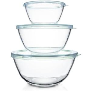 Luvan Glass Mixing Bowls with Lids Set(4.5QT, 2.7QT, 1.1QT)-Large Glass Mixing Bowls, Clear Salad Bowl for Baking, Cooking, Serving, Food Prep, 3PC Nesting Bowls for Kitchen Storage & Dishwasher Safe