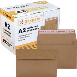 Xxcxpark 120 Qty Printable A2 Invitation Envelopes 4.375 x 5.75 Cards, Self Seal 120GSM Brown Paper Envelopes for Invitations, Papers, Photos, Documents, Wedding, Baby Shower, Easy to Seal and Peel