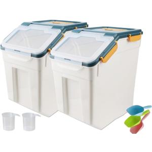 50LB Large Flour Storage Container Bin,2 Pack Airtight Plastic with Wheels Seal Locking Lid Dispenser Organizer Bin with Measuring Cup & Scoop for Flour, Rice, Grain 100LBS Total Capacity(Blue)
