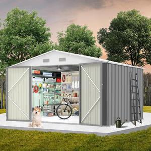 GarveeLife 10 x 8 ft Outdoor Storage Shed with Updated Frame Structure & Lockable Door, Waterproof Practical Garden Patio Lawn Poolside Metal Tool Shed Designed for Organization & Storage, Gray