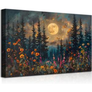 KecKoth Full Moon Forest Canvas Wall Art Size: 36"L x 24"W Mountains and Wildflowers Landscape Picture Wall Decor Poster Print Artwork for Bedroom Living Room