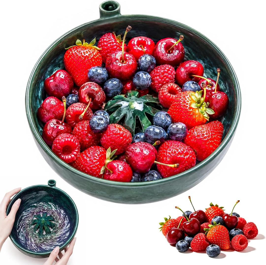 2026 Self Spinning Berry Washing Bowl Ceramic with Drain Holes - Automatic 360 Fruit & Vegetable Washer Drainage Spinner, Rinse Washer Spinner for Berries Vegetables Serving