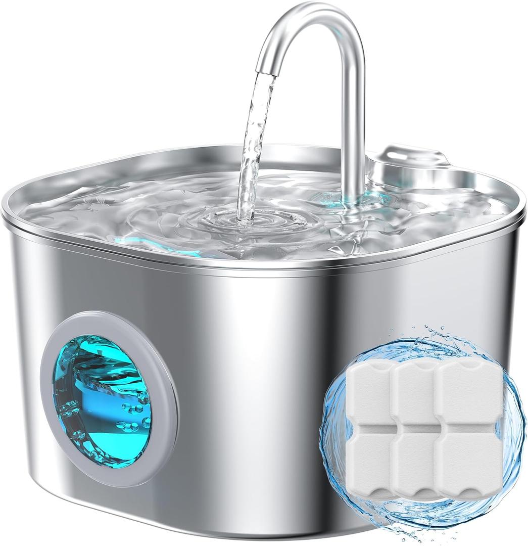 Cat Water Fountain Stainless Steel: Pet Fountains for Cats/Dog Indoor Automatic Waterer Bowls for Drinking Small Animal Water Dispenser Metal Pets Watering Faucet Bottle Auto Kitty Watering Supplies (74oz/2.2L Cat Fountain + 3 Filters)