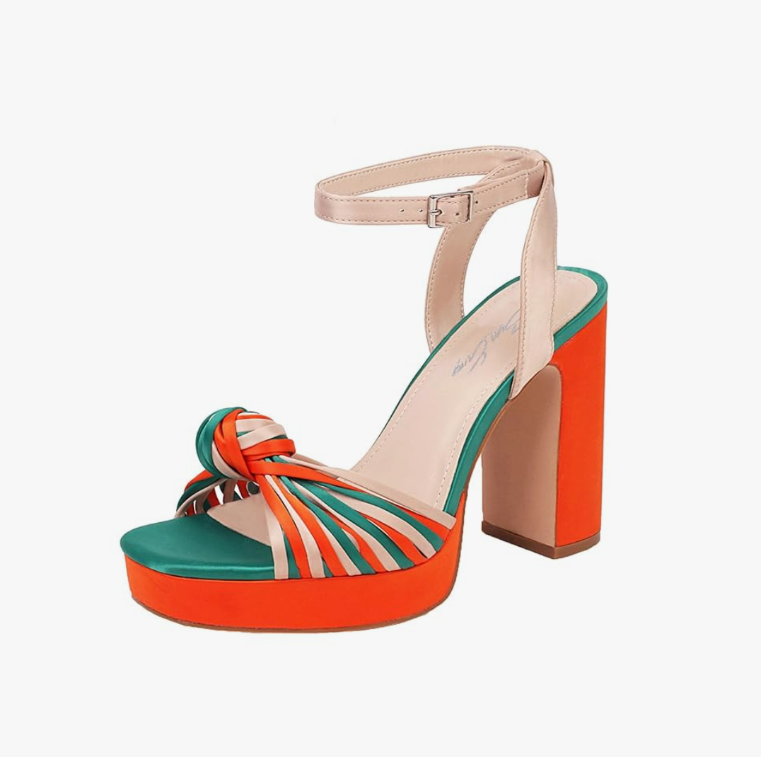sun gurg Strappy Platform Heels for Women Square Open Toe Chunky High Heels Multicolored Ankle Strap Block Heeled Sandals for Prom Wedding Date Night(12)