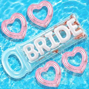 Junkin 5 Pcs Bachelorette Pool Floats Set Include 72" x 20" Inflatable Glitter Bride Pool Float and 4 Heart Beach Floats, Outdoor Swimming Bachelorette Party Decors for Summer Beach