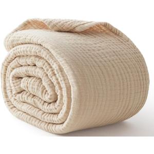 100% Cotton Blanket Large 50"x 70", 6 Layers Muslin Blankets, Cooling and Soft Throw Blanket for Couch, Breathable Quilt Bedspread, Gauze Bedding for Adults, Oatmeal, Beige Linen