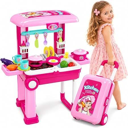 Pretend Play Kitchen Set for Kids | Little Chef Kids Kitchen playset with Accessories Pots, Pans, Dishes, Cups, Utensils, Food Toys with Adorable Travel Suitcase (Light & Sound) Boys & Girls Favorite