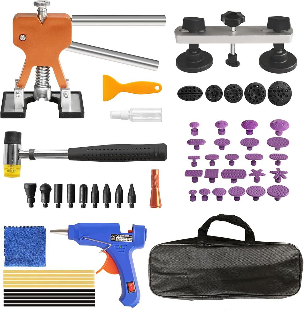 Big RED Dent Removal Kit 56 PCS,Paintless Dent Repair Tool with Adjustable Golden Lifter,Bridge Indentation Puller，for Auto Body Dents,Door Ding,Hail Damage Dent Removal,ATRWH056R