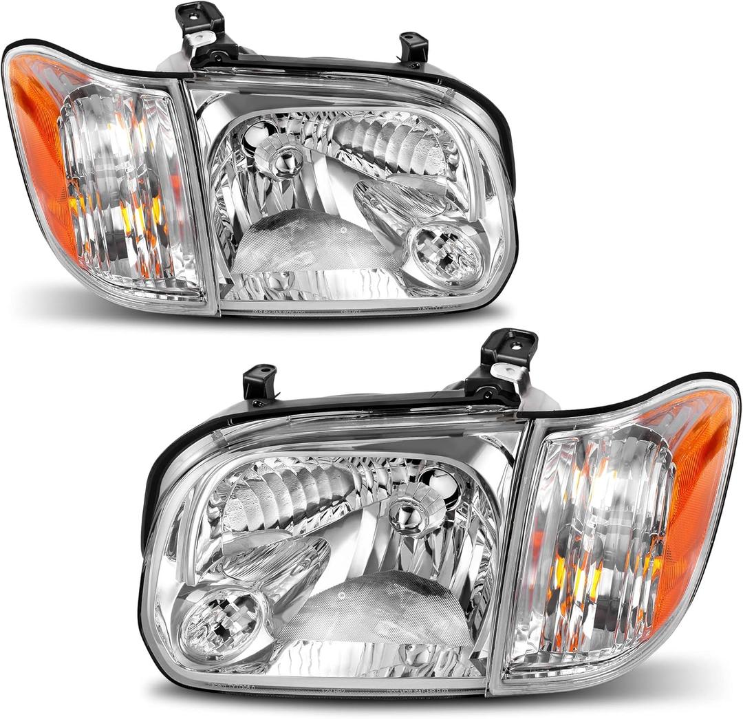 oEdRo Headlight Assembly Compatible with 2005 2006 Tundra(Double Cab with 4 Full-Size Doors Only) 2005-2007 Sequoia Headlamp with Amber Reflector Chrome Housing