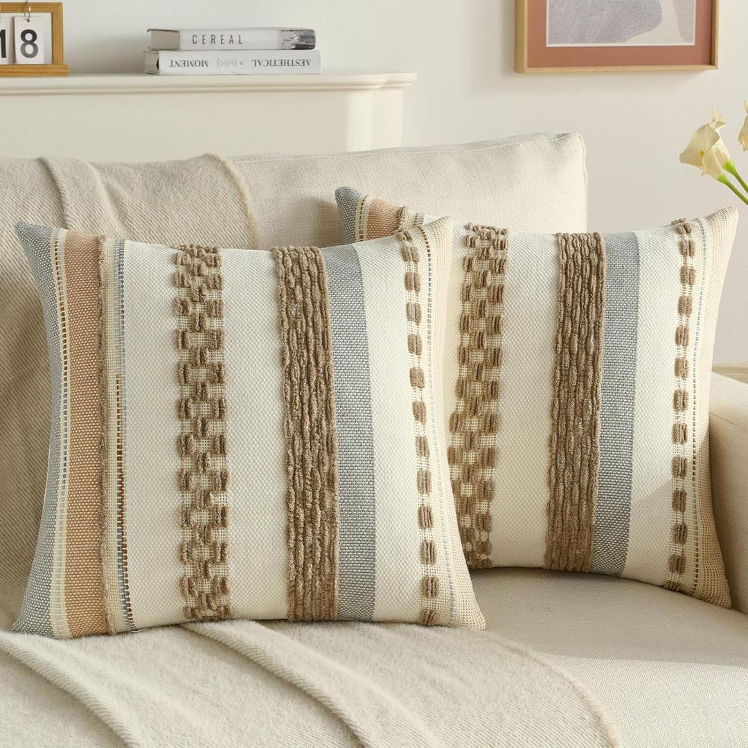 FUTEI Pack of 2 Boho Chenille Decorative Throw Pillow Covers 18x18 Inch Soft Tufted Striped Textured Cushion Case,Farmhouse Accent for Couch Bed Living Room, Khaki
