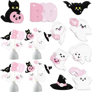 Geyee 36 Pcs Halloween Tables Centerpieces Sticks Ghost Decorations Banner Boo Cake Topper Spooky Decorations Pink and Black Halloween Centerpieces for Table Birthday Baby Shower Party Supplies