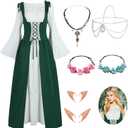 Renaissance Costume Women Medieval Fairy Elf Irish Dress Adult Halloween Costumes Viking Chemise with Accessories (Medium, Green)