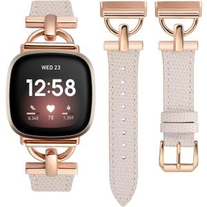 Wearlizer Leather Band Compatible with Fitbit Versa 4 Bands for Woman/Versa 3/Sense 2/Sense Bands Women, Dressy Leather Strap with D-Shape Metal Buckle Smartwatch Wristband
