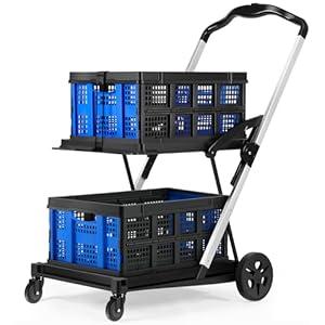 200lbs 30x18'' Rengue Folding Shopping Cart, Collapsible Shopping Cart with Wheels, Adjustable Foldable Portable Trolley, Grocery Shopping Cart with 2 Removable Baskets for Shopping, Picnic (Blue)