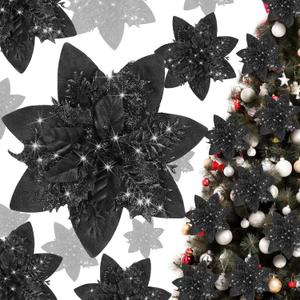 Geosar 36 Pieces Glitter Christmas Poinsettia Artificial Xmas Flower Ornaments Flowers Decorations with Clips and Stem Glitter Poinsettia Christmas Tree Ornaments for Xmas Wedding (Black)