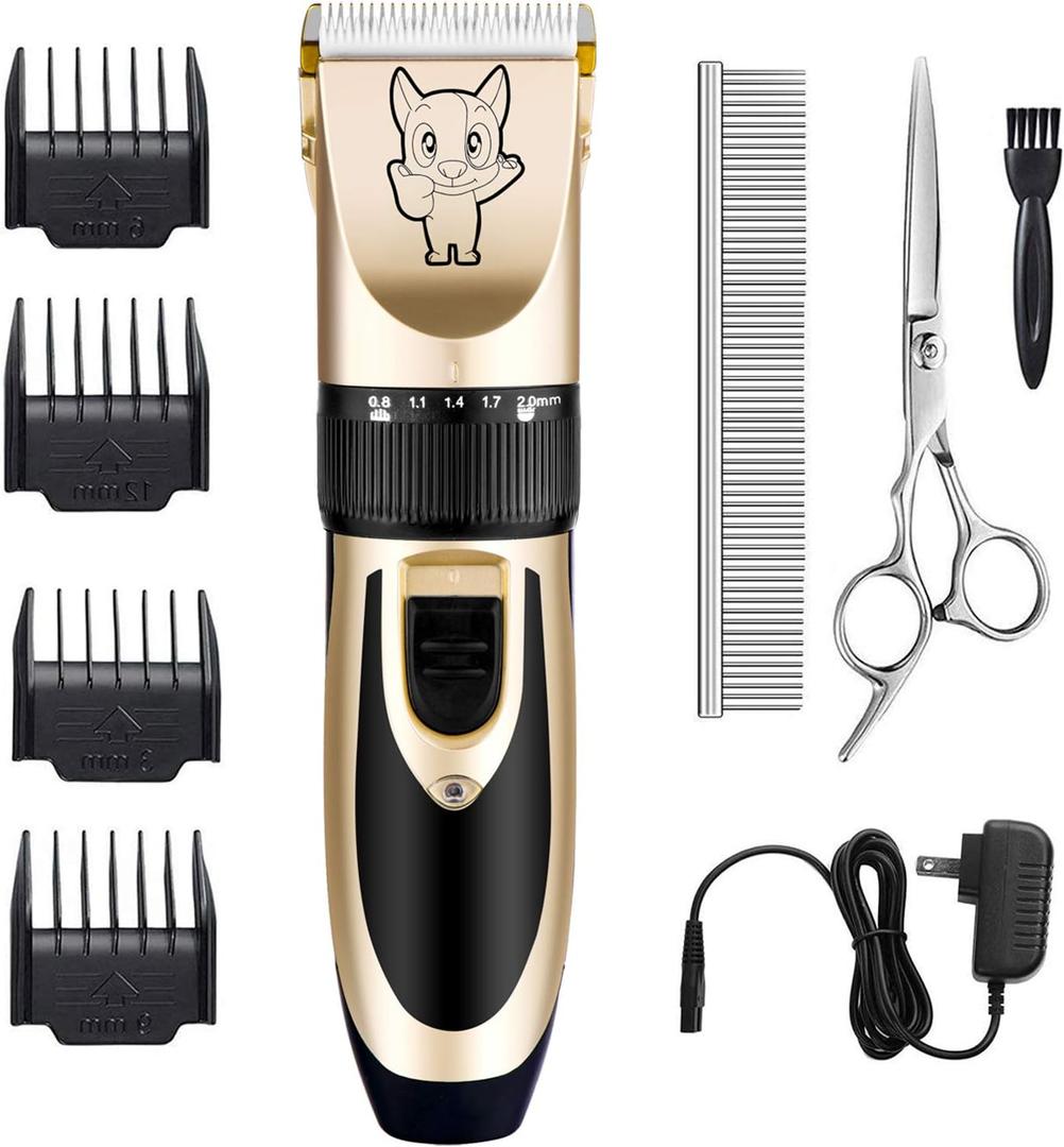 Highdas Dog Grooming Kit Clippers, Low Noise, Electric Quiet, Rechargeable, Cordless, Pet Hair Thick Coats Clippers Trimmers Set, Suitable for Dogs, Cats, and Other Pets (Gold)