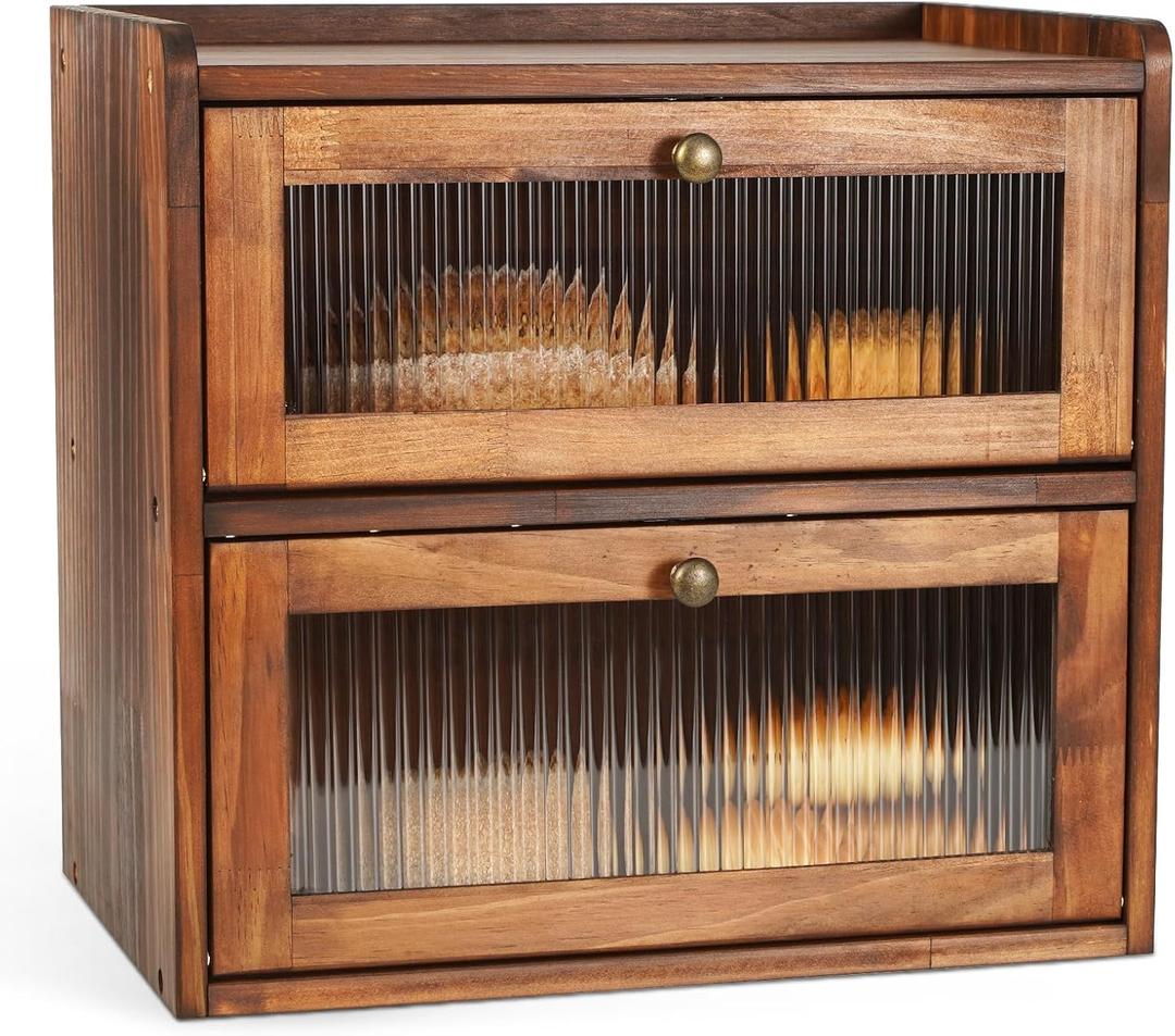 Ciilee Baby Bread Box for Kitchen Countertop Wooden Double Layer Storage Container Bread Bin Large Capacity Vintage Bread Keeper Farmhouse Breadbox Pantry Organizer Versatile Food Cabinet(Brown)