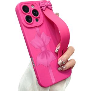 for iPhone 16 Pro Max Case with Wrist Strap Elegant Bow Ribbon Design with Adjustable Wristband Kickstand Shockproof Soft TPU Camera Protection Phone Cover for Women Girls - Hot Pink Bow