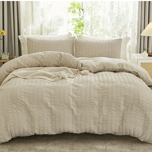 AveLom Beige Seersucker Duvet Cover Set Queen Size (90 x 90 inches), 3 Pieces (1 Duvet Cover + 2 Pillow Cases), Ultra Soft Washed Microfiber, Textured Duvet Cover with Zipper Closure, Corner Ties, Beige