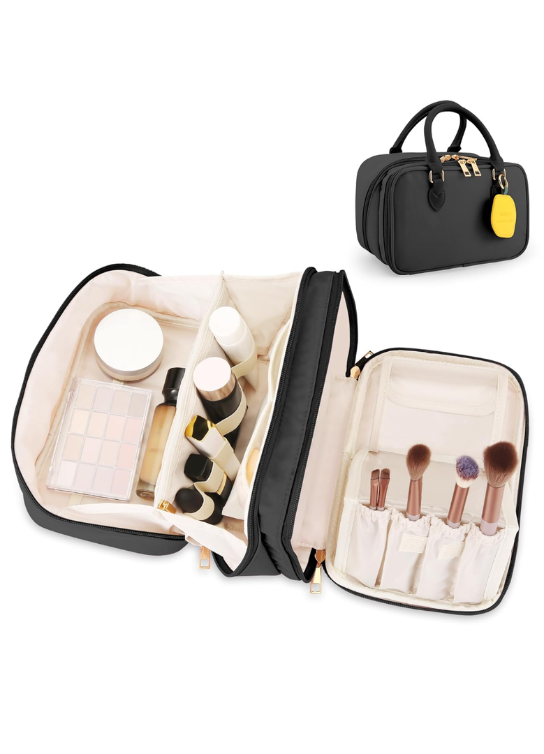 Travel Makeup Bag for Women Fashion Large Capacity Pouch Open Flat Cosmetic Portable Organizer Waterproof Large Opening Storage Toiletry Bags Vertical Free-Standing Brush Holder for Easy Access Black