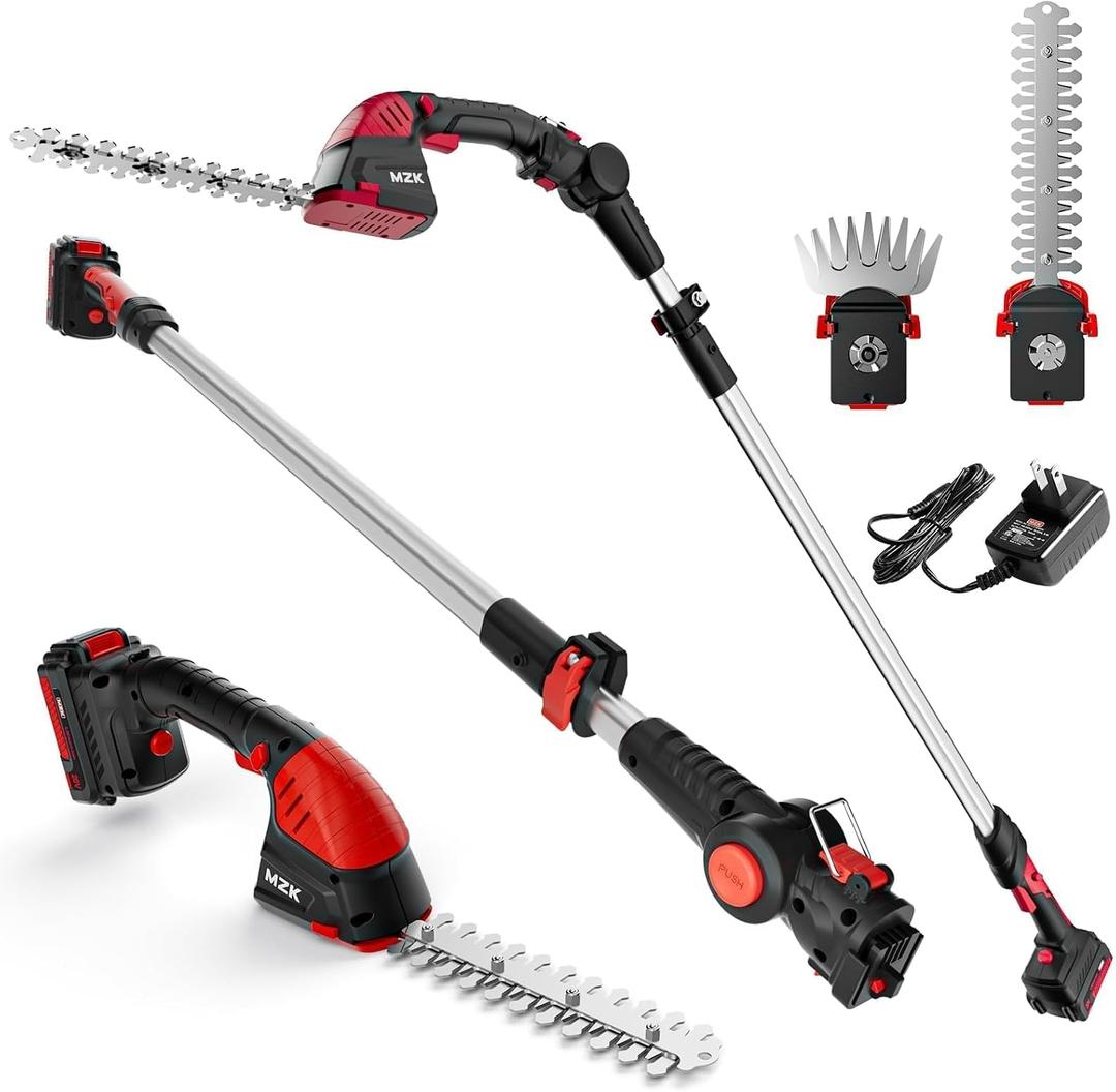 MZK 2-in-1 20V Pole Mini Hedge Trimmer & Grass Shear, 13ft Reach, Electric Hedge Trimmer with Extension Pole, Multi-Angle,Used in Garden,Yard(2*Batteries and Charger Included)
