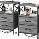 Huuger Nightstands Set of 2, Night Stand with Charger Station, 2 Drawer Side Table with Open Shelf, USB-C Port, End Table for Small Spaces, X Shaped Side Rail, Grey
