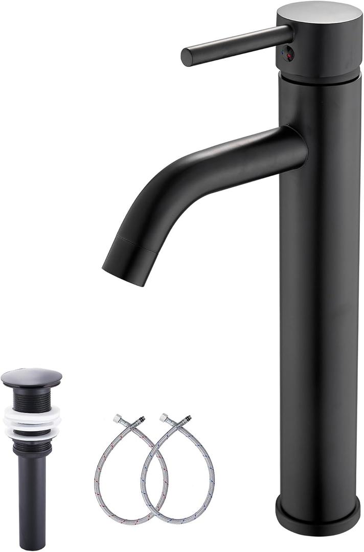 GGStudy Matte Black Bathroom Faucet Single-Handle 1 Hole Black Bathroom Vessel Sink Faucet Matching Pop Up Drain (Tall)