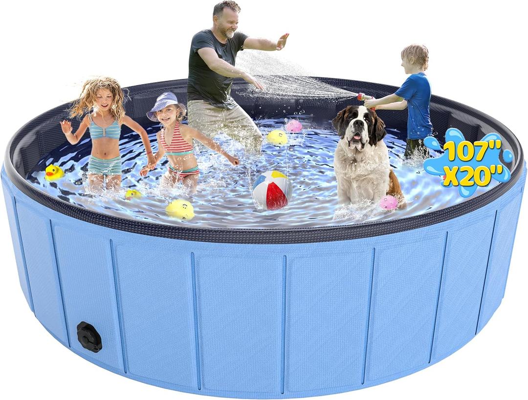 Extra Large Foldable Dog Pool 107x20, EPN Heavy Duty Hard PVC Collapsible Dog Pool for Large Dogs and Kids, Leakproof Non-Slip Pet Wading & Bathing Tub with Drain, for Indoor & Outdoor Use