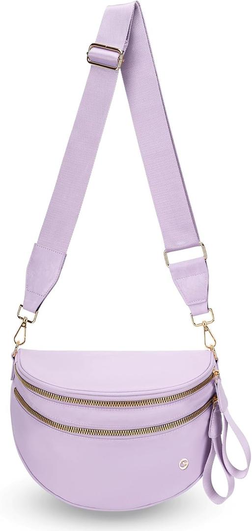 Spacious Crossbody Bag Nylon Bum Bag for Women Fanny Packs Handbags with Adjustable Straps (Pure Light Purple)