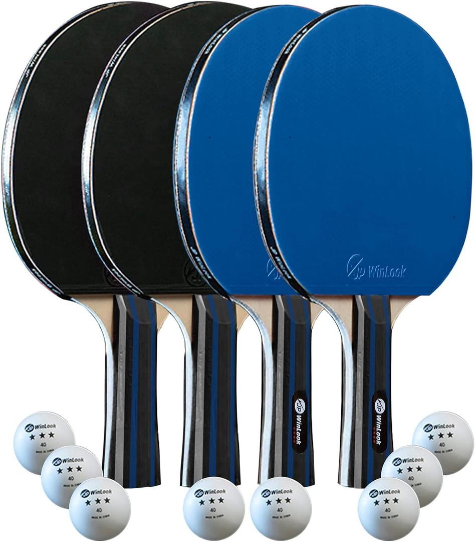 Winlook Quality Ping Pong Paddle Set - 4 Professional Table Tennis Rackets/Paddles - 8 Premium 3-Star Balls, Portable Cover Case Holder Included