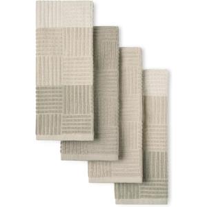 Town & Country Basics Basketweave Antimicrobial Terrycloth Kitchen Towel 4-Pack Set, Absorbent 100% Cotton, Machine Washable, Beige, 16"x28"